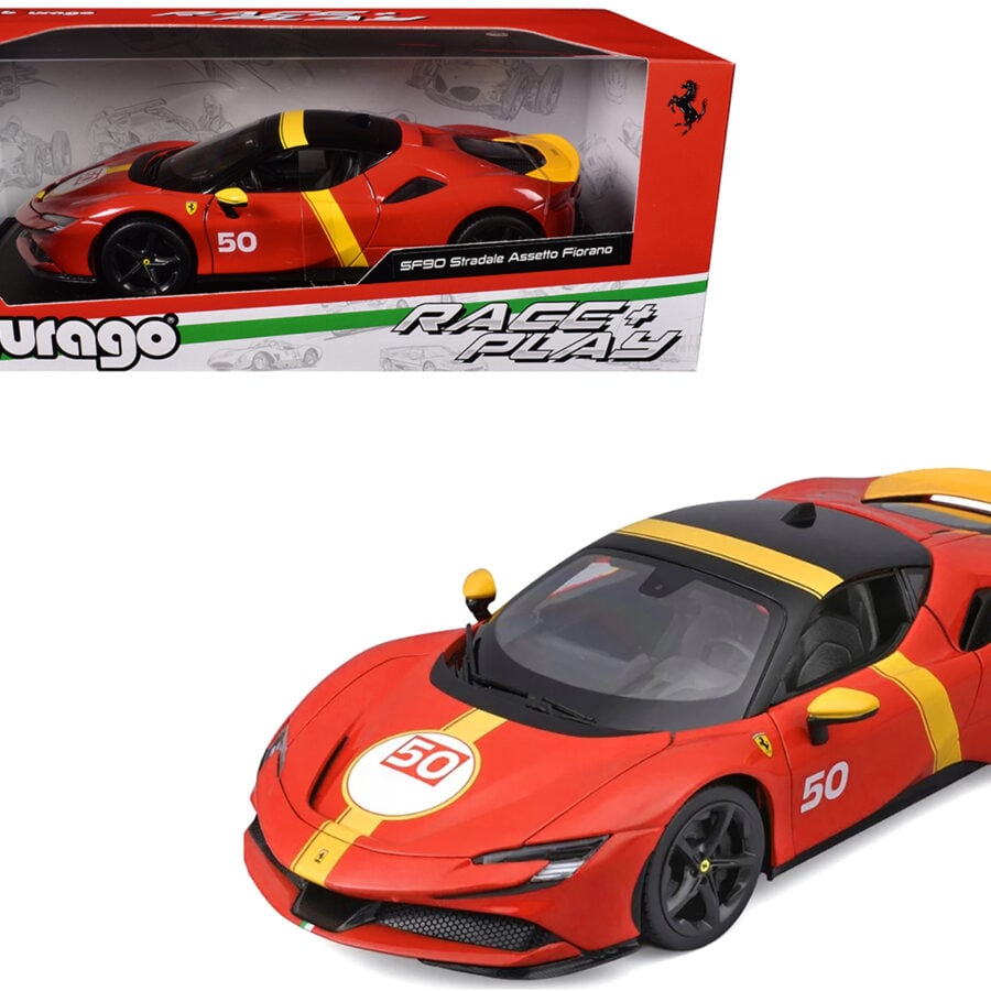 Ferrari SF90 Stradale Assetto Fiorano #50 Red with Black Top and Yellow Stripes "Race + Play" Series 1/18 Diecast Model Car by Bburago Automotive