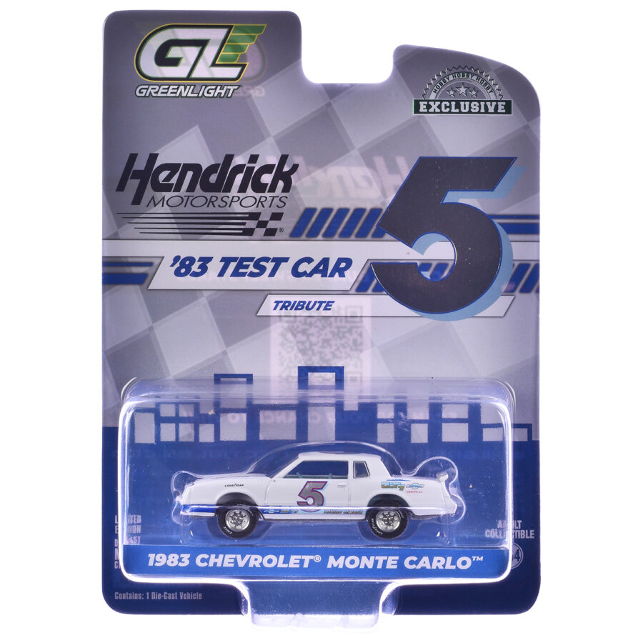 1983 Chevrolet Monte Carlo #5 "Hendrick Motorsports First Test Car Tribute" White with Blue Stripes and Interior "Hobby Exclusive" Series 1/64 Diecast Model Car by Greenlight Automotive