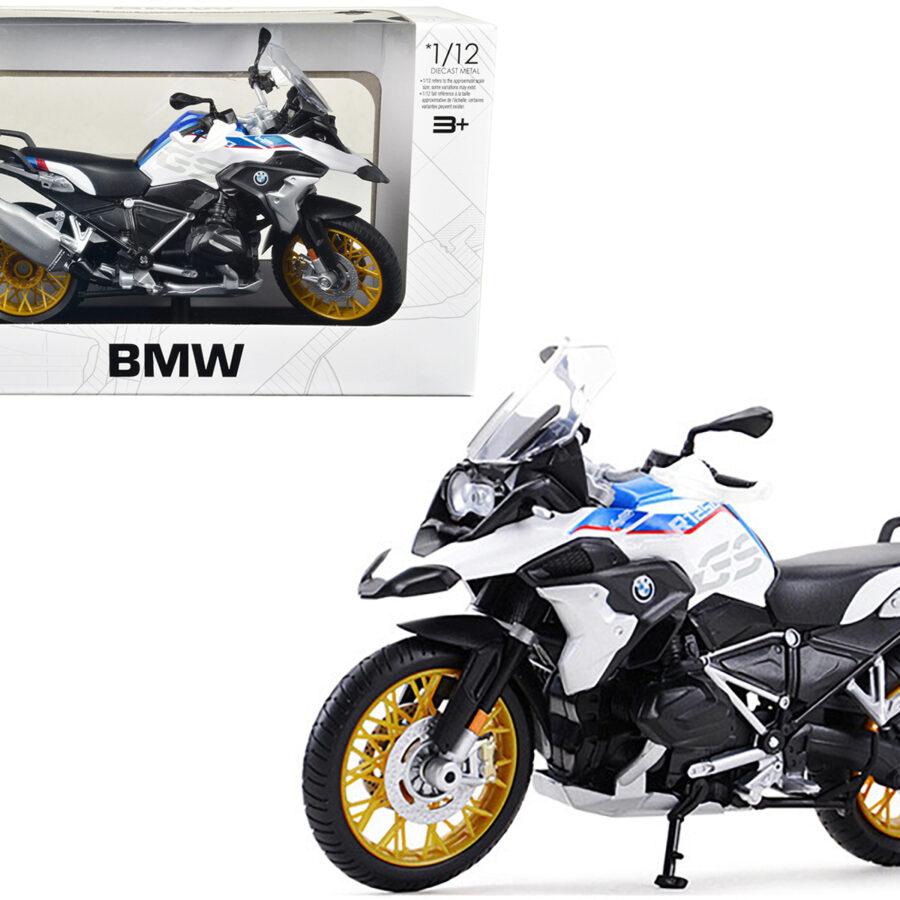BMW R1250 GS White with Blue and Red Stripes 1/12 Diecast Motorcycle Model by Maisto Automotive