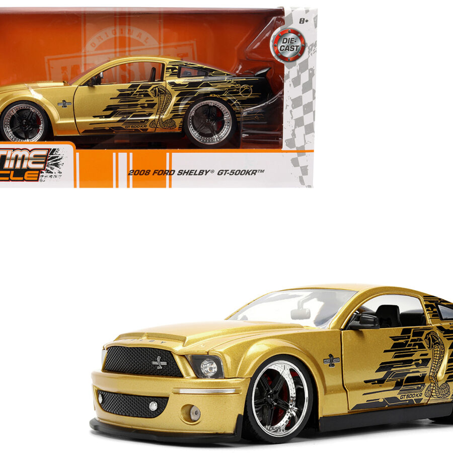 2008 Ford Shelby Mustang GT-500KR Gold Metallic and Black with Graphics "Bigtime Muscle" Series 1/24 Diecast Model Car by Jada from the Ford store collection.