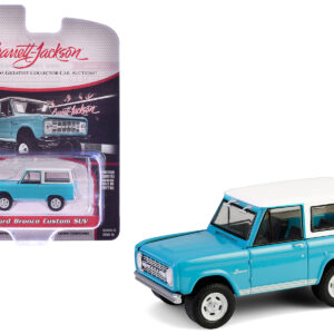 1966 Ford Bronco Custom SUV Turquoise Blue with White Top "Barrett-Jackson" Series 15 1/64 Diecast Model Car by Greenlight from the Ford store collection.