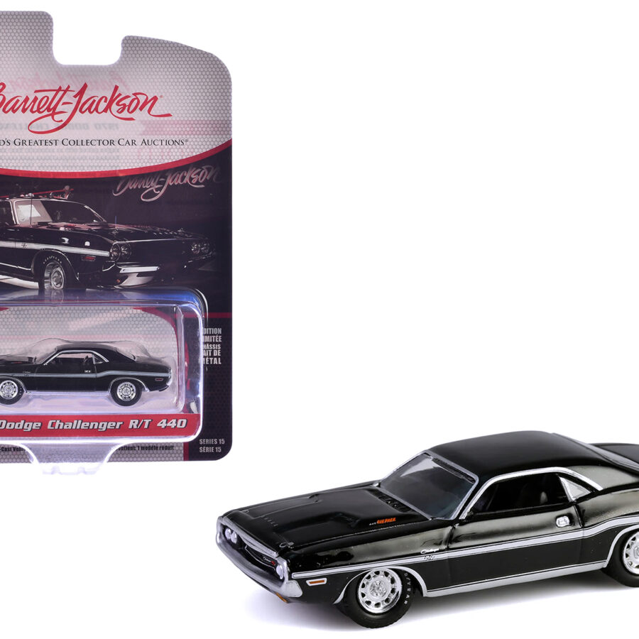 1970 Dodge Challenger R/T 440 Black with White Stripes "Barrett-Jackson" Series 15 1/64 Diecast Model Car by Greenlight Automotive