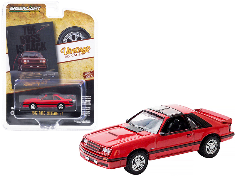 1982 Ford Mustang GT Red with Black Stripes "The Boss is Back" "Vintage Ad Cars" Series 3 1/64 Diecast Model Car by Greenlight from the Ford store collection.