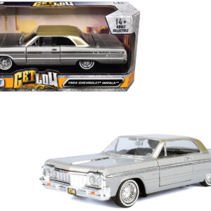 1964 Chevrolet Impala Lowrider Hard Top Silver Metallic with Gold Metallic Top "Get Low" Series 1/24 Diecast Model Car by Motormax from the Sports Car Racing Gifts store collection.