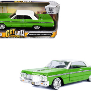 1964 Chevrolet Impala Lowrider Hard Top Green with White Top "Get Low" Series 1/24 Diecast Model Car by Motormax  by Diecast Mania