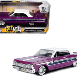 1964 Chevrolet Impala Lowrider Hard Top Purple Metallic with White Top "Get Low" Series 1/24 Diecast Model Car by Motormax from the Sports Car Racing Gifts store collection.