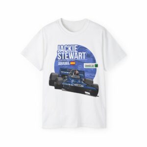 Jackie Stewart Tyrrell 001 F1 Jarama 1970 T-Shirt | Vintage Formula 1 Racing Legend Tee from the Vintage Cars store collection.