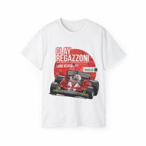 Clay Regazzoni T Shirt 1976 Long Beach Grand Prix | Vintage Ferrari Formula 1 | Formula One Legend Racing Tee from the F1 Jackets store collection.