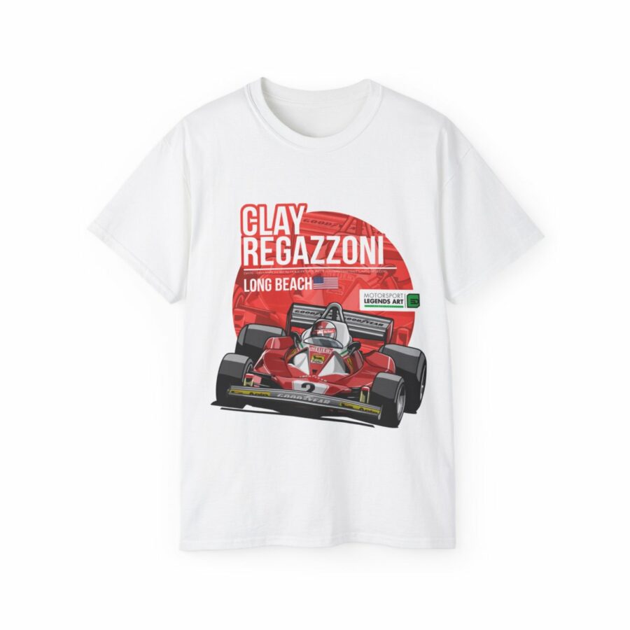 Clay Regazzoni T Shirt 1976 Long Beach Grand Prix | Vintage Ferrari Formula 1 | Formula One Legend Racing Tee from the Vintage Cars store collection.