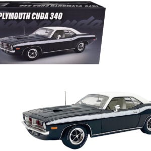 1972 Plymouth Cuda 340 Black with White Stripes Top and Interior Limited Edition to 490 pieces Worldwide 1/18 Diecast Model Car by ACME from the Sports Car Racing Model Cars store collection.