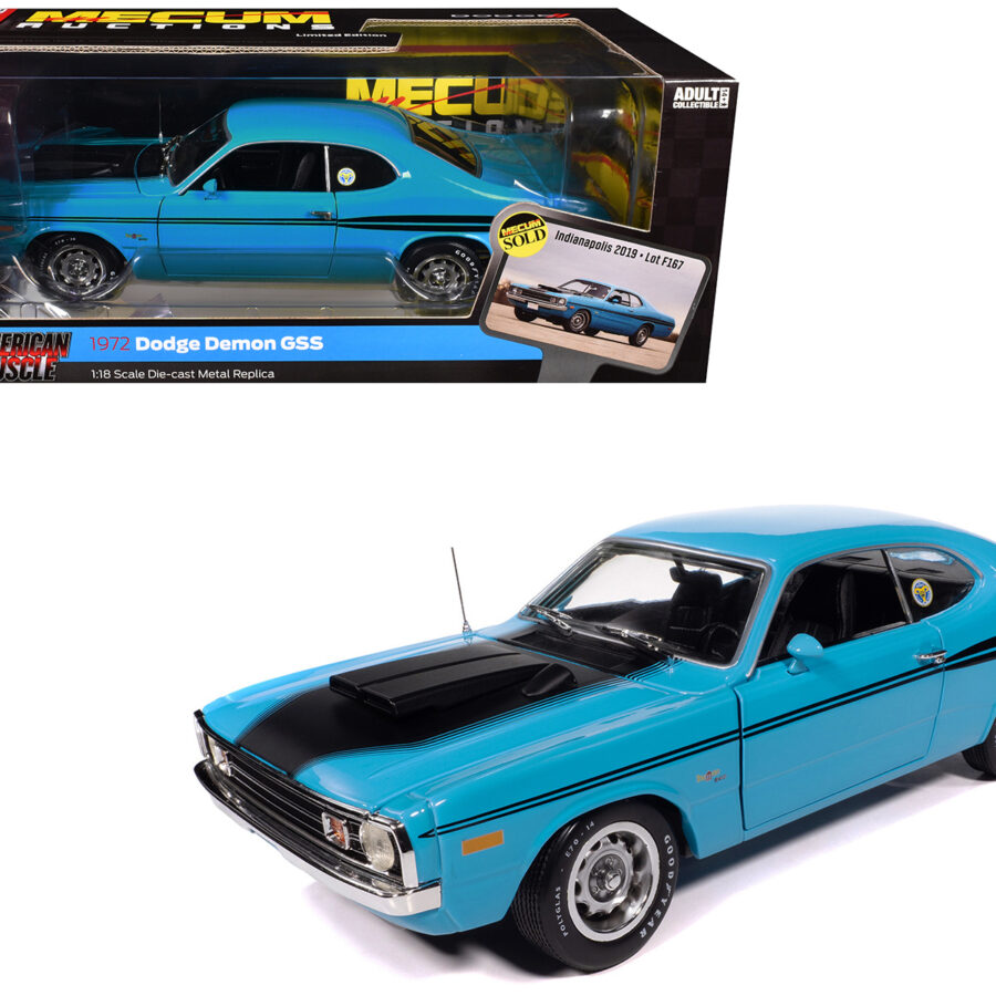 1972 Dodge Demon GSS "Mecum Auctions" Petty Blue with Black Stripes "American Muscle" Series 1/18 Diecast Model Car by Auto World from the Automotive store collection.