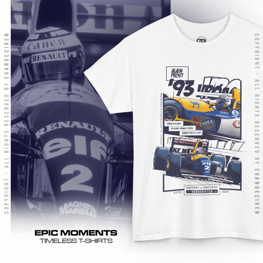 Alain Prost 1993 Williams FW15C T-Shirt | Formula One Legend Racing Tee | Formula 1 Vintage Motorsport Shirt from the F1 Official Merchandise store collection.