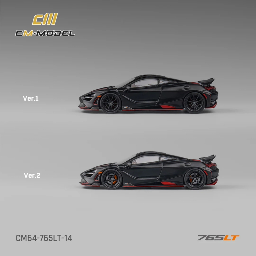 McLaren 765LT Matt Black with Red Accents and Extra Wheels 1/64 Diecast Model Car by CM Model Automotive