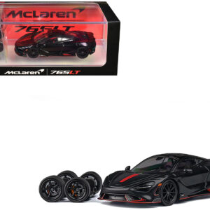 McLaren 765LT Matt Black with Red Accents and Extra Wheels 1/64 Diecast Model Car by CM Model from the Sports Car Racing Model Cars store collection.