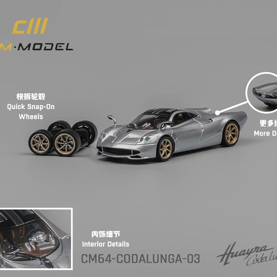 Pagani Huayra Codalunga Silver Metallic with Sunroof and Extra Wheels 1/64 Diecast Model Car by CM Model Automotive