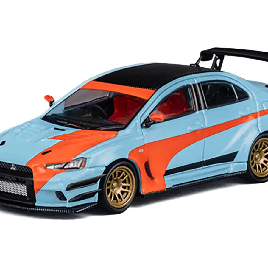 Mitsubishi Lancer Evolution X Varis RHD (Right Hand Drive) Light Blue with Black Top and Orange Stripes 1/64 Diecast Model Car by CM Model Automotive