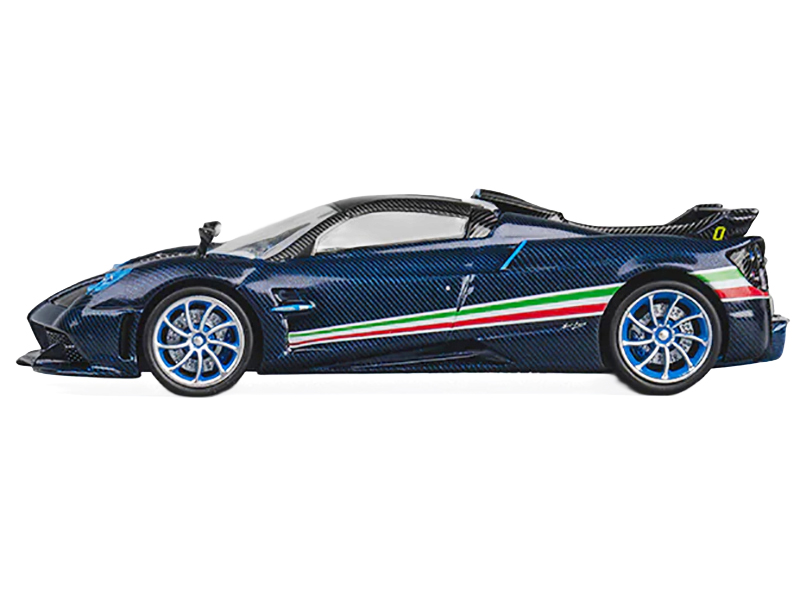 Pagani Huayra Tricolore Blue Carbon Metallic with Black Carbon Top and Italian Flag Stripes 1/64 Diecast Model Car by CM Model Italian GP - Monza Track Art