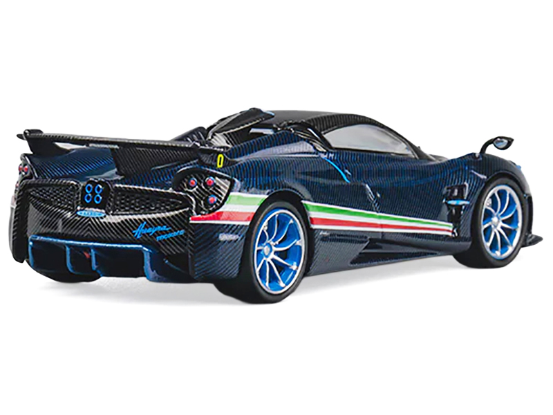 Pagani Huayra Tricolore Blue Carbon Metallic with Black Carbon Top and Italian Flag Stripes 1/64 Diecast Model Car by CM Model Italian GP - Monza Track Art