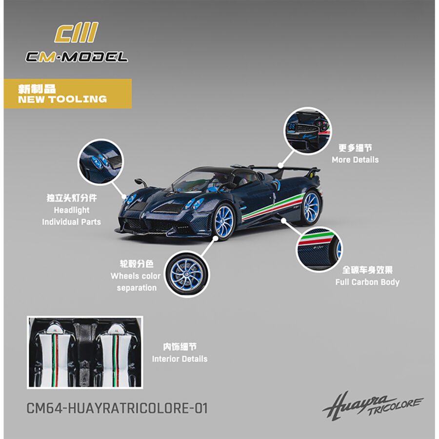 Pagani Huayra Tricolore Blue Carbon Metallic with Black Carbon Top and Italian Flag Stripes 1/64 Diecast Model Car by CM Model Italian GP - Monza Track Art