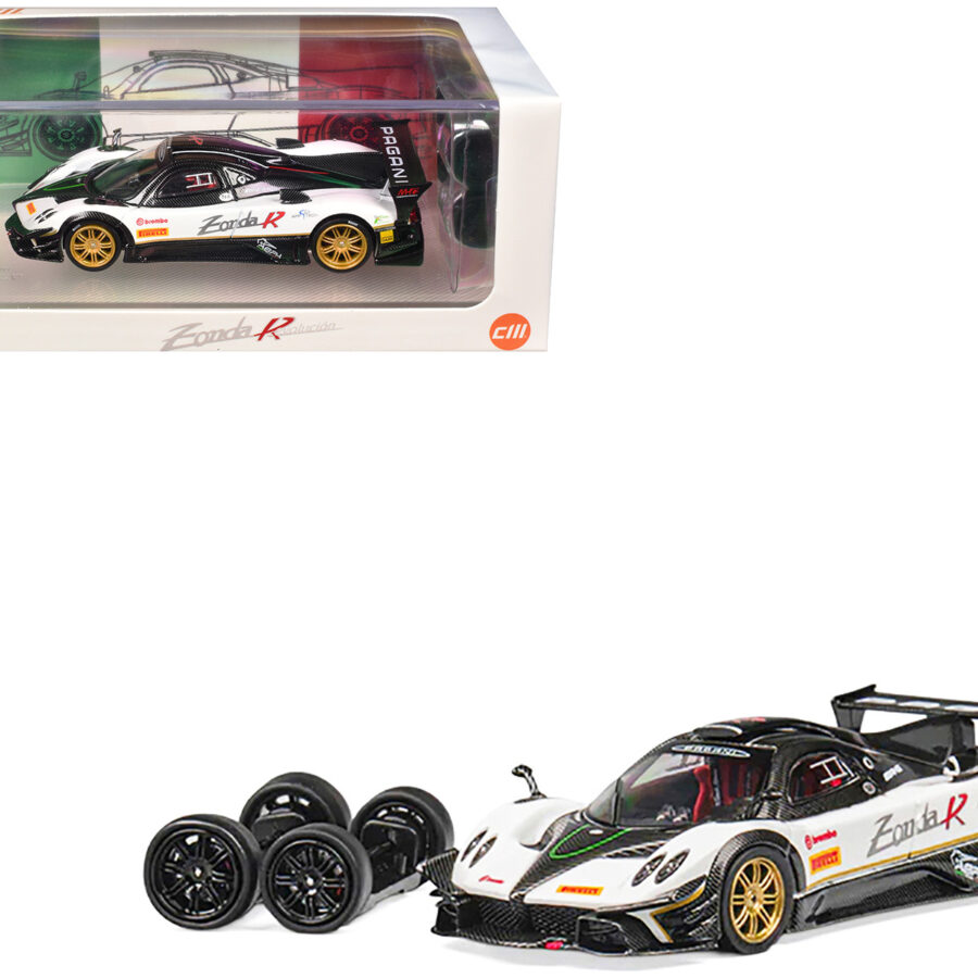 Pagani Zonda Revolucion White and Carbon with Extra Wheels 1/64 Diecast Model Car by CM Model from the Sports Car Racing Model Cars store collection.