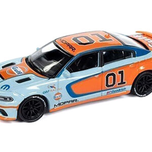 2021 Dodge Charger SRT Hellcat #01 "Gulf Oil-MOPAR" Light Blue and Orange Limited Edition to 4800 pieces Worldwide 1/64 Diecast Model Car by Auto World from the Sports Car Racing Collectibles store collection.