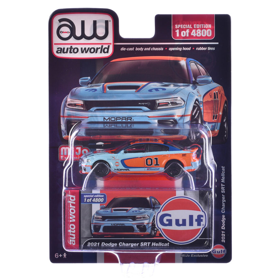 2021 Dodge Charger SRT Hellcat #01 "Gulf Oil-MOPAR" Light Blue and Orange Limited Edition to 4800 pieces Worldwide 1/64 Diecast Model Car by Auto World Automotive