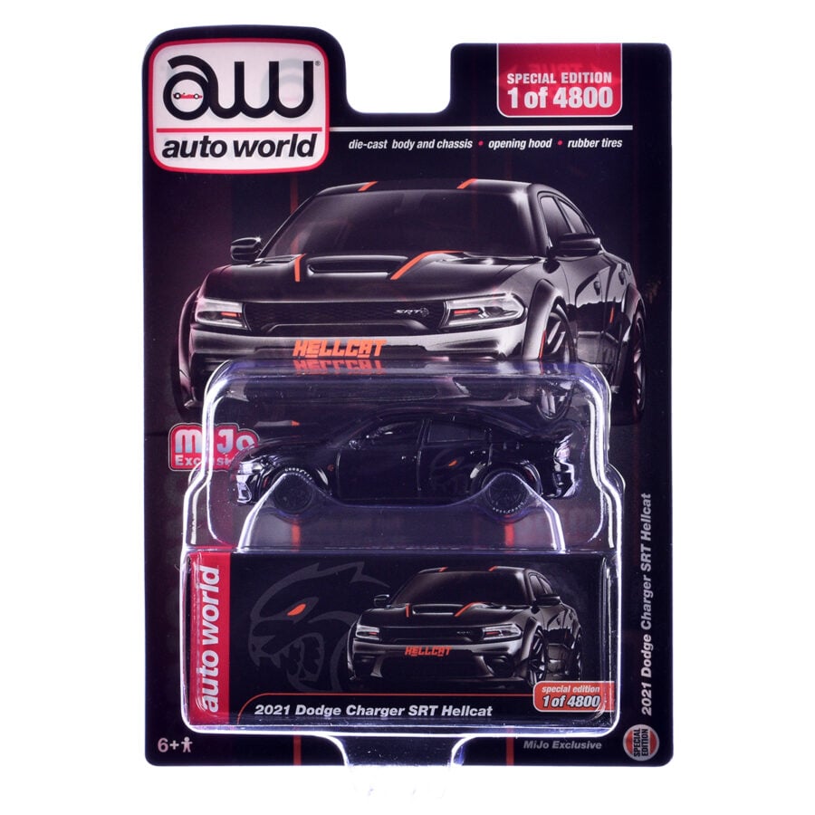 2021 Dodge Charger SRT Hellcat Black with Graphics and Orange Stripes Limited Edition to 4800 pieces Worldwide 1/64 Diecast Model Car by Auto World Automotive