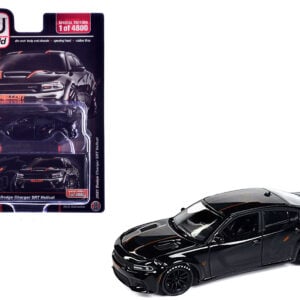 2021 Dodge Charger SRT Hellcat Black with Graphics and Orange Stripes Limited Edition to 4800 pieces Worldwide 1/64 Diecast Model Car by Auto World from the Sports Car Racing Collectibles store collection.
