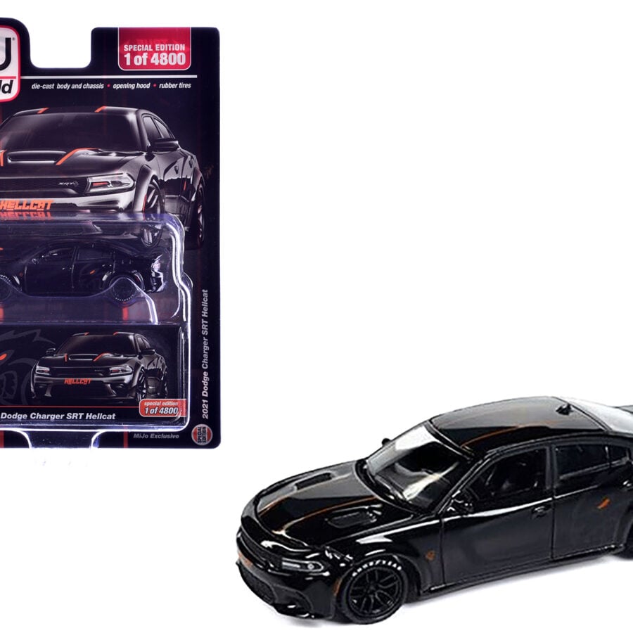 2021 Dodge Charger SRT Hellcat Black with Graphics and Orange Stripes Limited Edition to 4800 pieces Worldwide 1/64 Diecast Model Car by Auto World Automotive