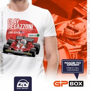 Clay Regazzoni T Shirt 1976 Long Beach Grand Prix | Vintage Ferrari Formula 1 | Formula One Legend Racing Tee from the F1 Jackets store collection.