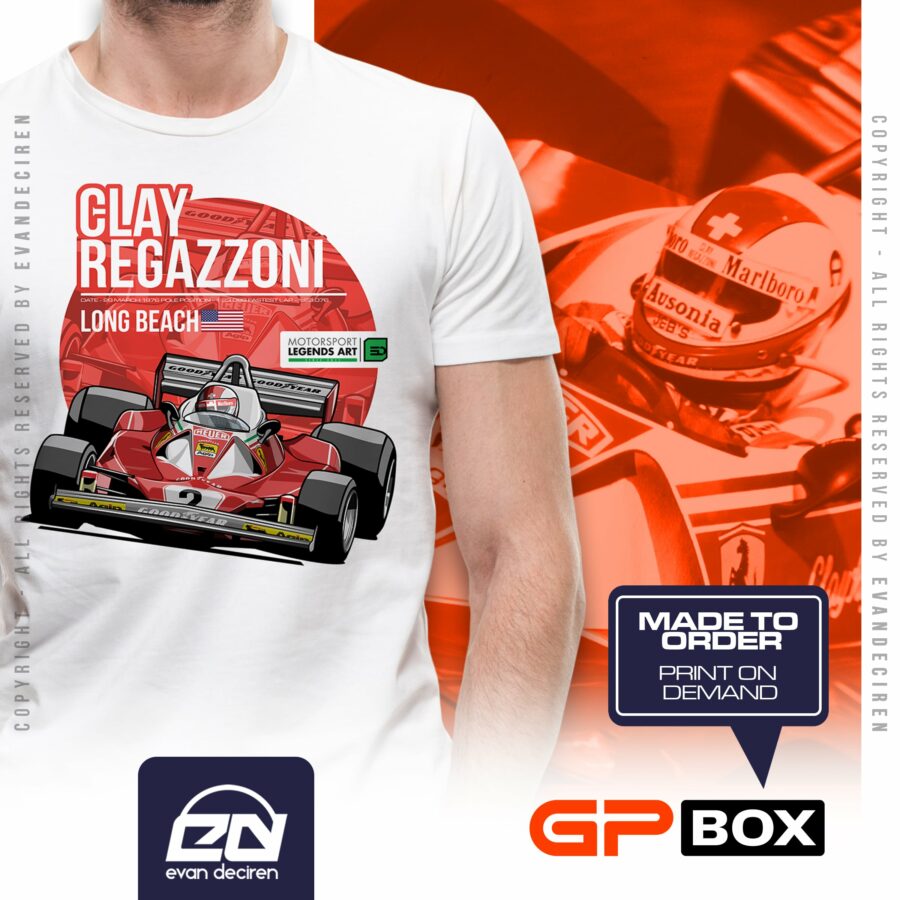 Clay Regazzoni T Shirt 1976 Long Beach Grand Prix | Vintage Ferrari Formula 1 | Formula One Legend Racing Tee from the Vintage Cars store collection.