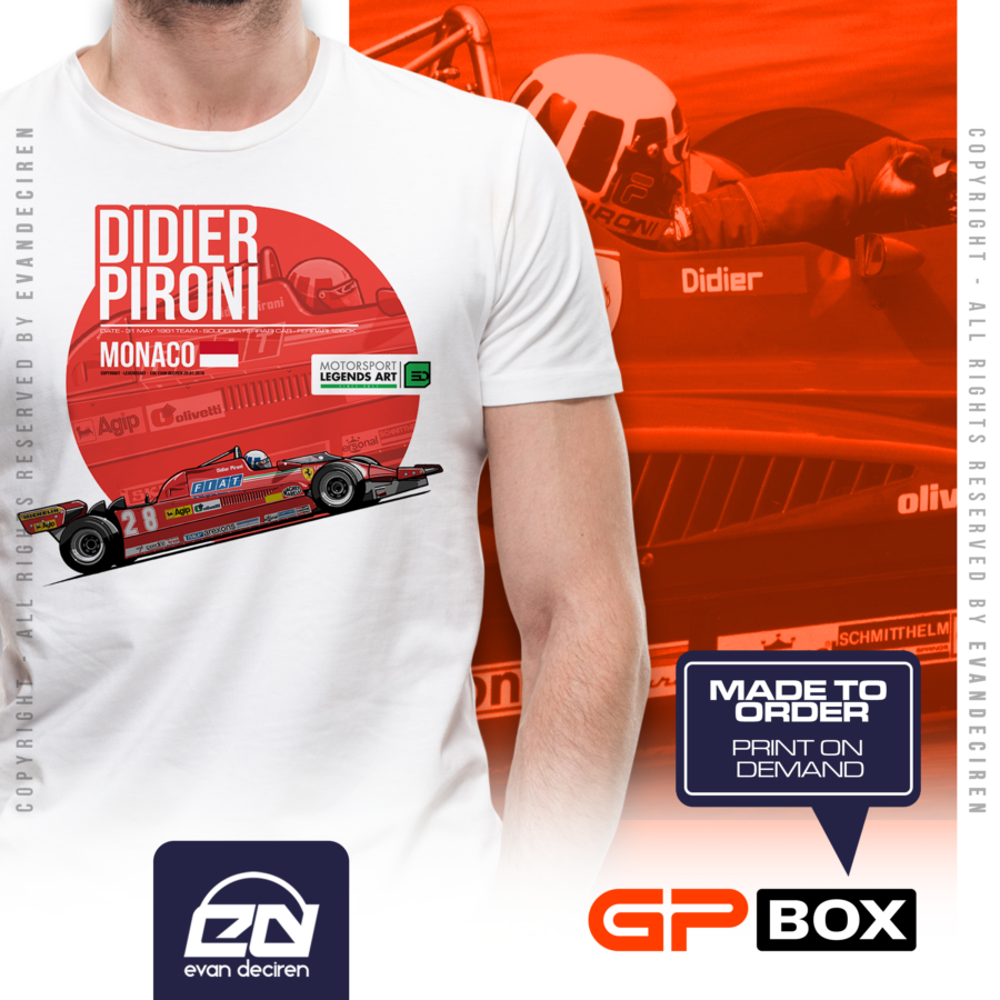 Didier Pironi F1 Legend | Vintage F1 Monaco 1981 Ferrari 126C | Retro Motorsport Legends Tee from the F1 Jackets store collection.