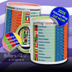 Formula 1 FIXTURES 2026 Mug - Formula 1 schedules calendar Fernando Alonso by Billeresque