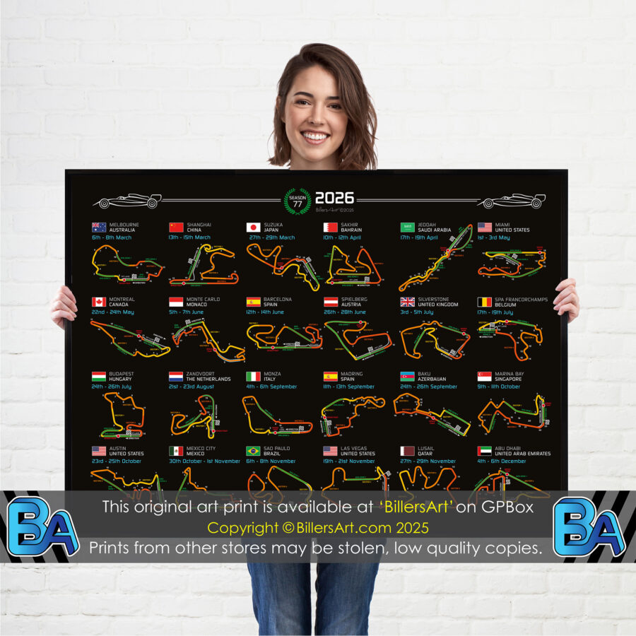 Formula 1 2026 Season Info Calendar Poster on Black or White Landscape Abu Dhabi GP - Yas Marina Track Art