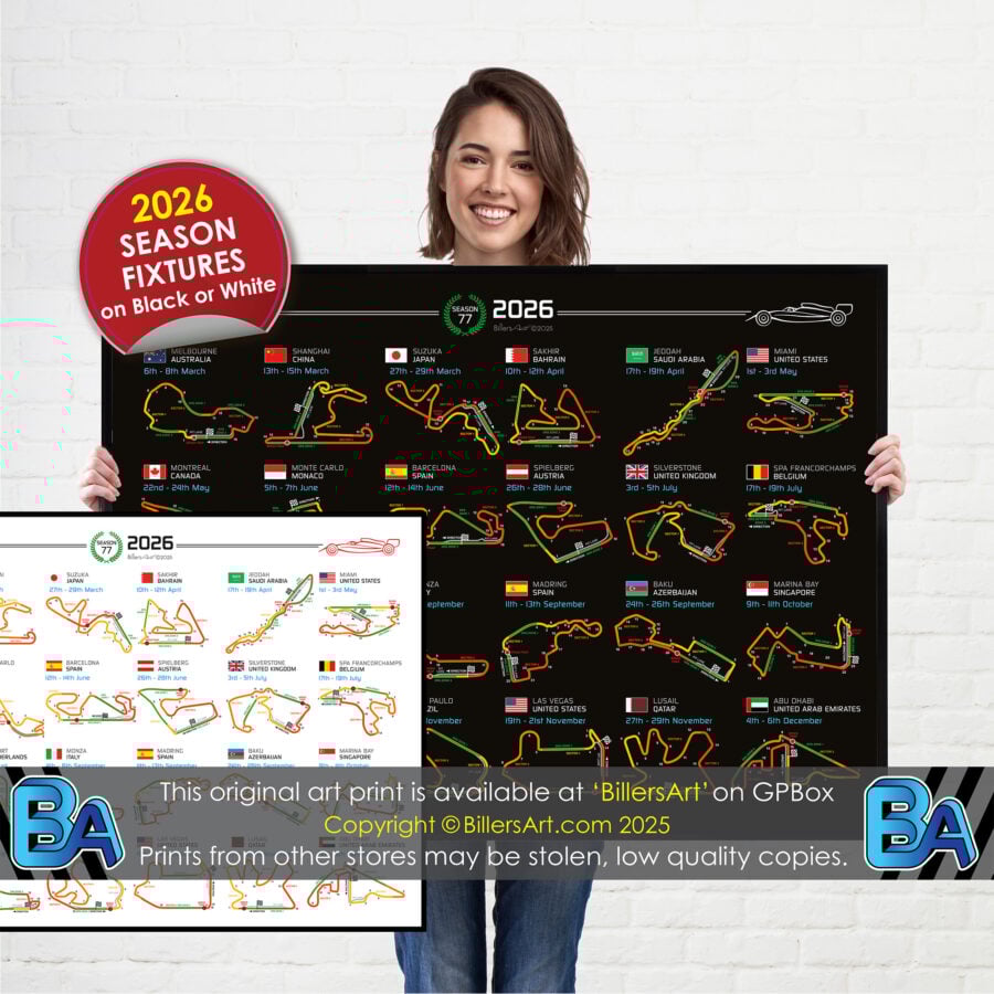 Formula 1 2026 Season Info Calendar Poster on Black or White Landscape from the Max Verstappen store collection.