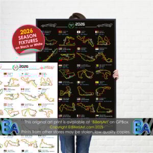 Formula 1 2026 Season Info Calendar Poster on Black or White Portrait from the Max Verstappen store collection.