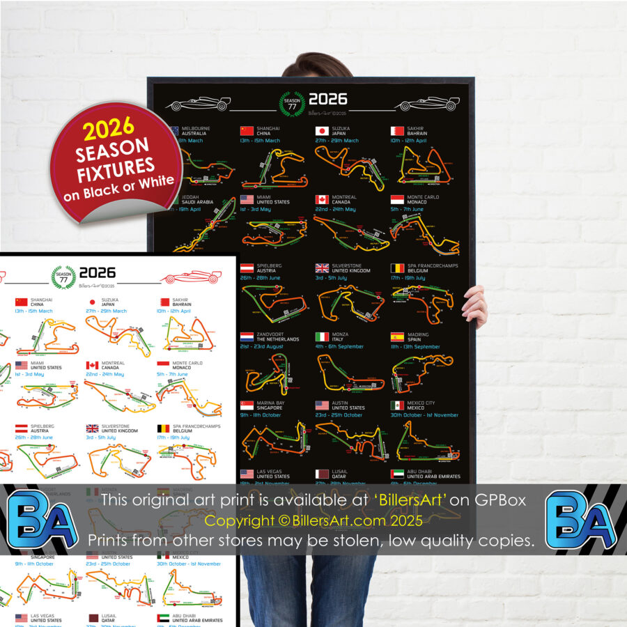 Formula 1 2026 Season Info Calendar Poster on Black or White Portrait from the Max Verstappen store collection.