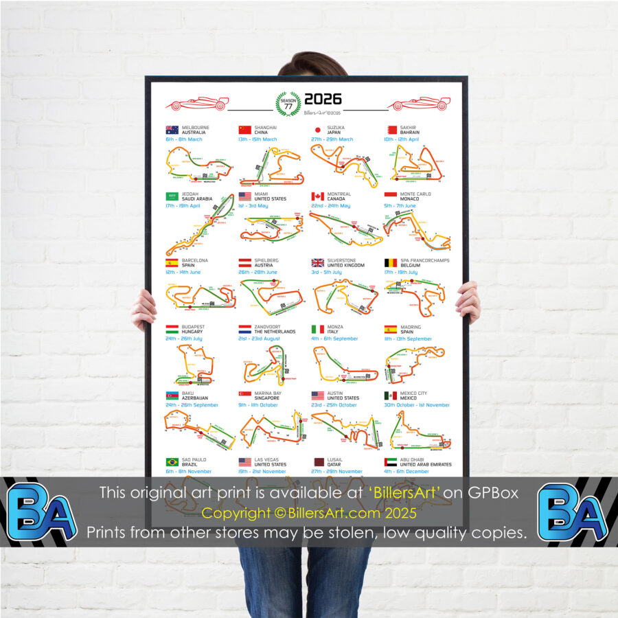 Formula 1 2026 Season Info Calendar Poster on Black or White Portrait from the Max Verstappen store collection.