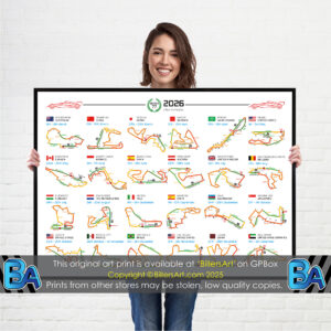 Formula 1 2026 Season Info Calendar Poster on Black or White Landscape Max Verstappen by Billeresque