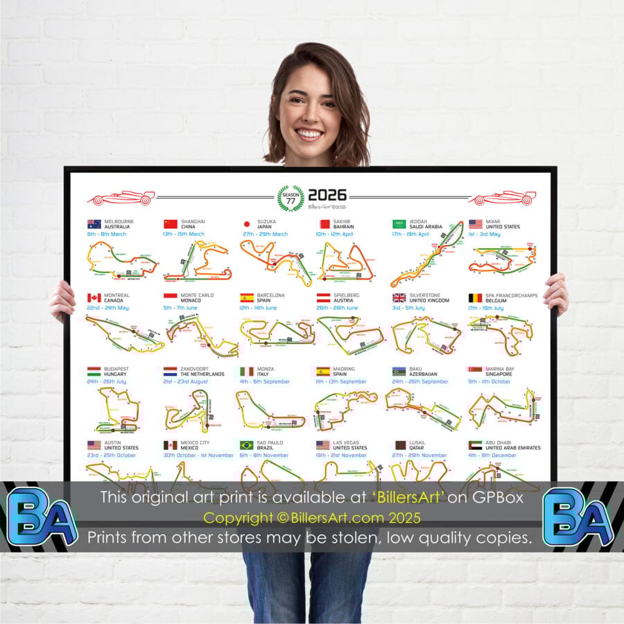 Formula 1 2026 Season Info Calendar Poster on Black or White Landscape from the Max Verstappen store collection.