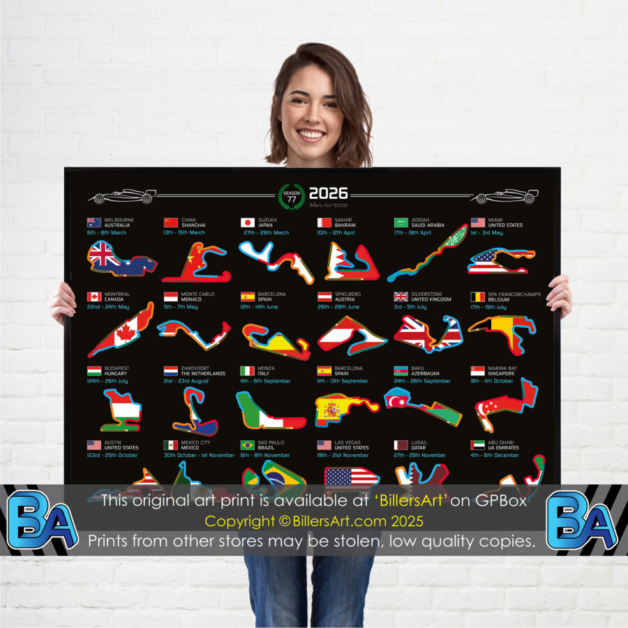 Formula 1 2026 Season Circuit and Country Flag Landscape Wall Calendar F1 poster Abu Dhabi GP - Yas Marina Track Art