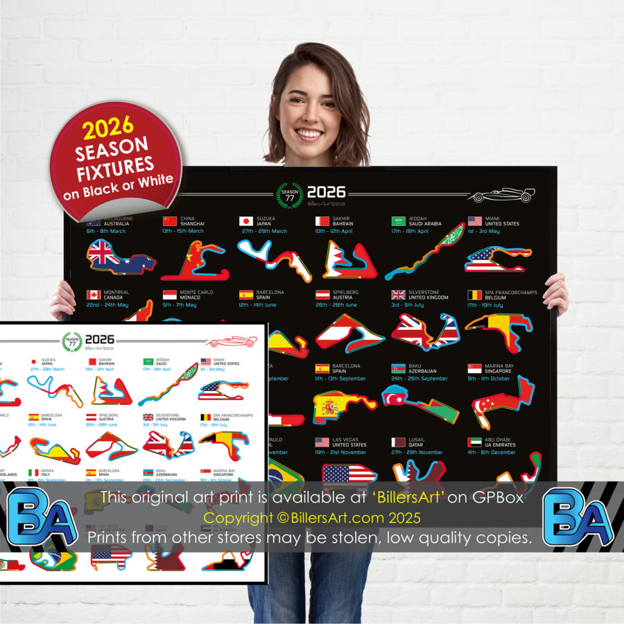 Formula 1 2026 Season Circuit and Country Flag Landscape Wall Calendar F1 poster from the Formula 1 Memorabilia store collection.