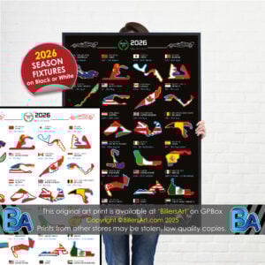 Formula 1 2026 Season Circuit and Country Flag Portrait Wall Calendar F1 poster from the Max Verstappen store collection.