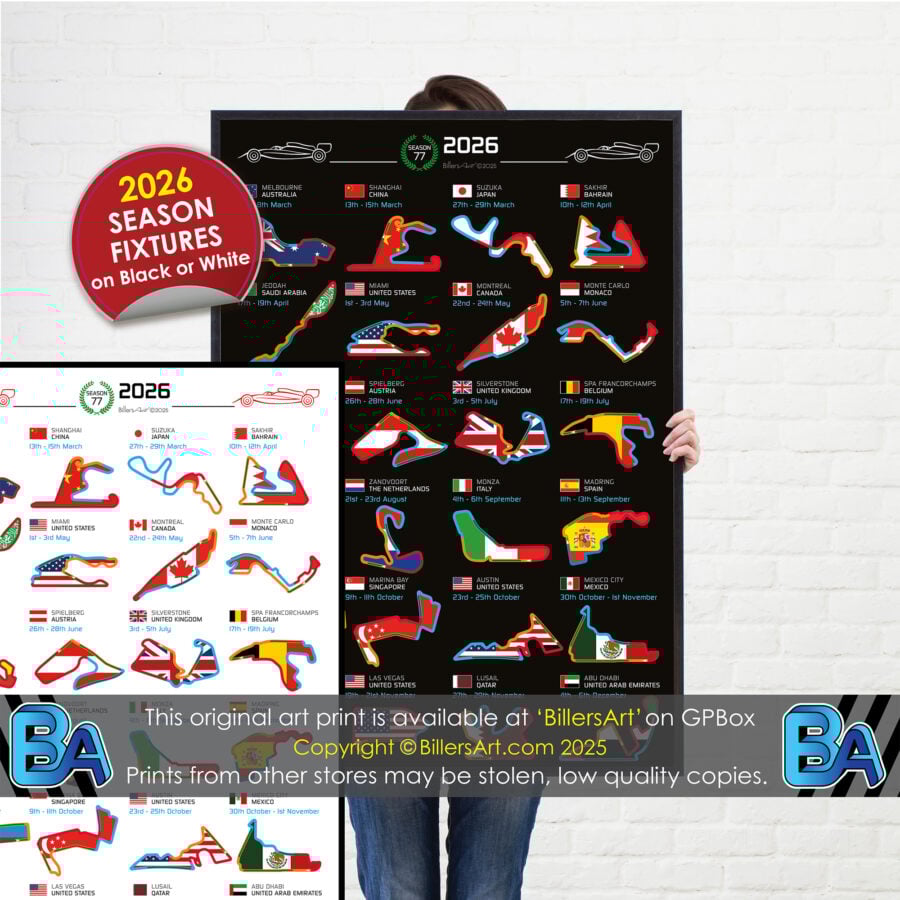 Formula 1 2026 Season Circuit and Country Flag Portrait Wall Calendar F1 poster from the Red Bull Racing store collection.