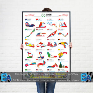 Formula 1 2026 Season Circuit and Country Flag Portrait Wall Calendar F1 poster from the Max Verstappen store collection.