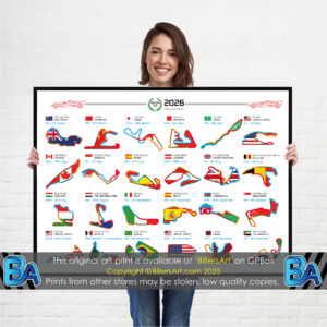 Formula 1 2026 Season Circuit and Country Flag Landscape Wall Calendar F1 poster from the Max Verstappen store collection.