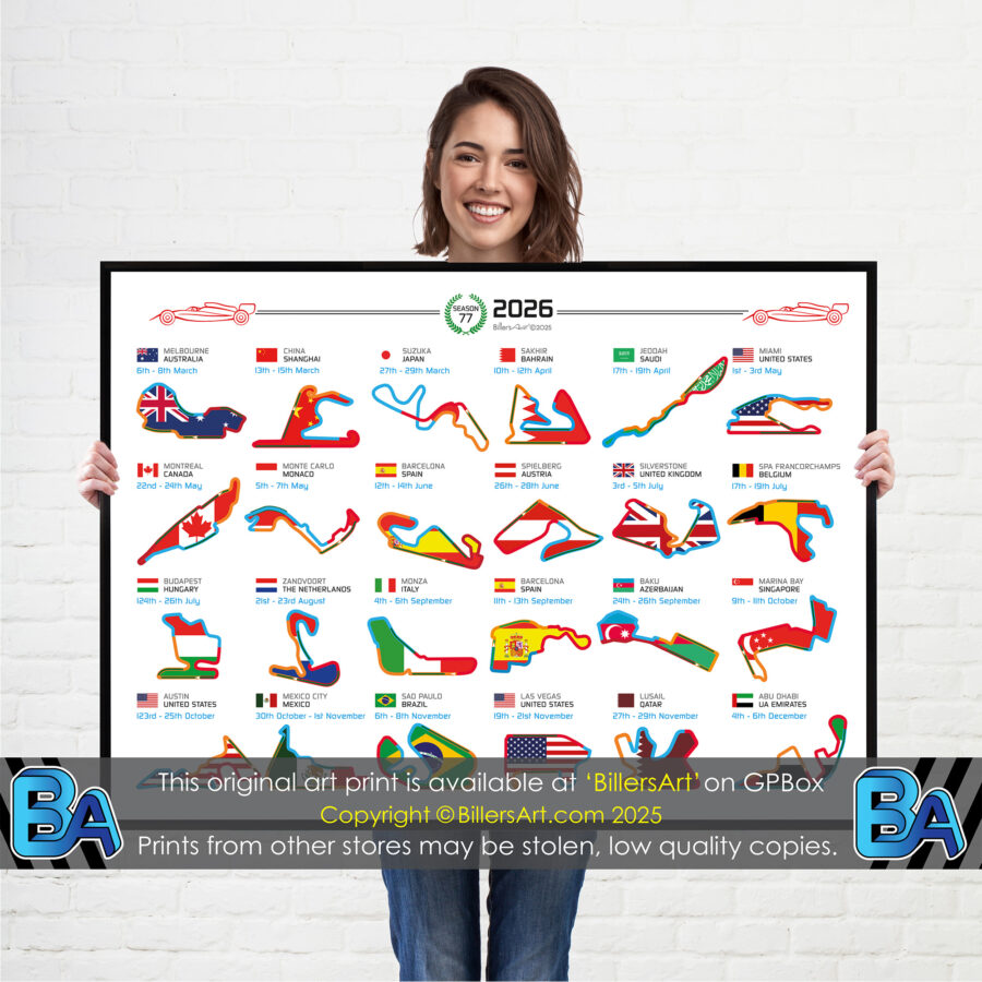 Formula 1 2026 Season Circuit and Country Flag Landscape Wall Calendar F1 poster from the Formula 1 Memorabilia store collection.