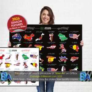 Formula 1 2026 Detailed Season Fixtures Landscape Calendar with Countries Flags from the Max Verstappen store collection.