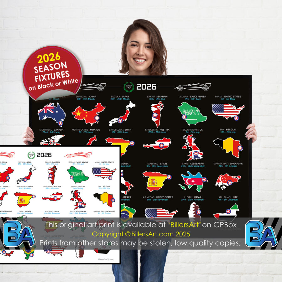 Formula 1 2026 Detailed Season Fixtures Landscape Calendar with Countries Flags from the Lando Norris store collection.