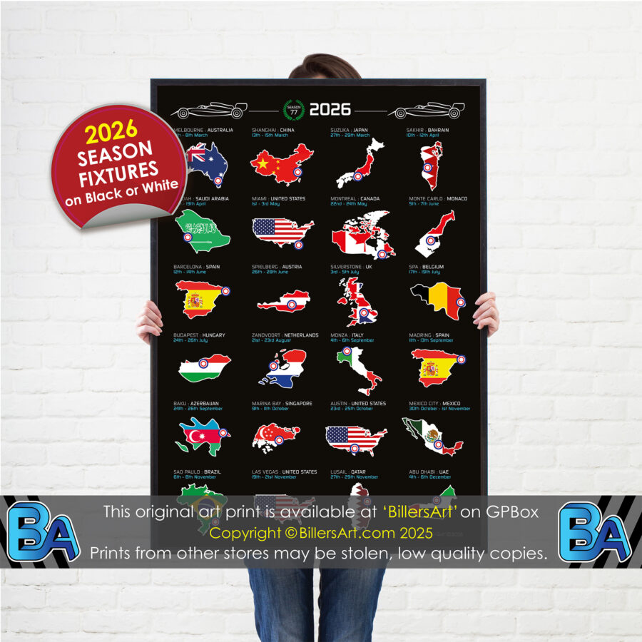 Formula 1 2026 Detailed Season Fixtures Portrait Calendar with Countries Flags Abu Dhabi GP - Yas Marina Track Art